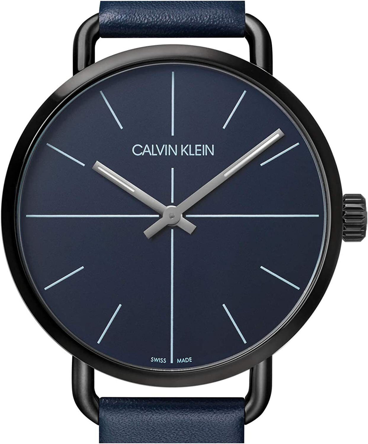 Close-up of Calvin Klein Even dial showing minimalist hour indices and white hands on blue background