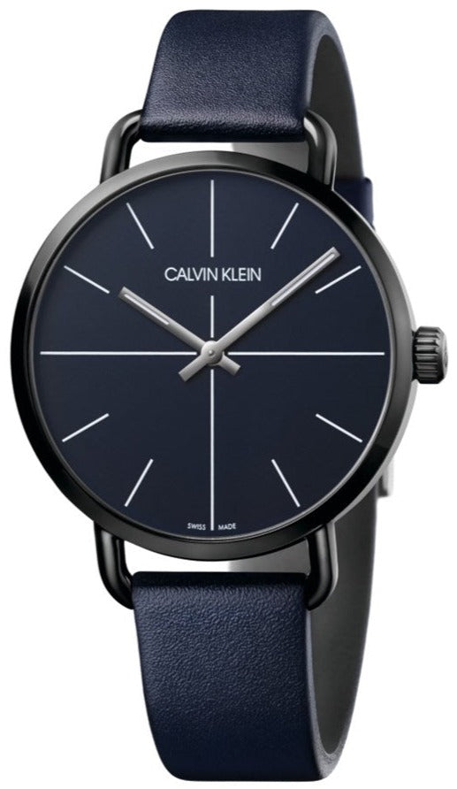 Calvin Klein Even men's watch with blue dial, white hour markers, black case, and blue leather strap