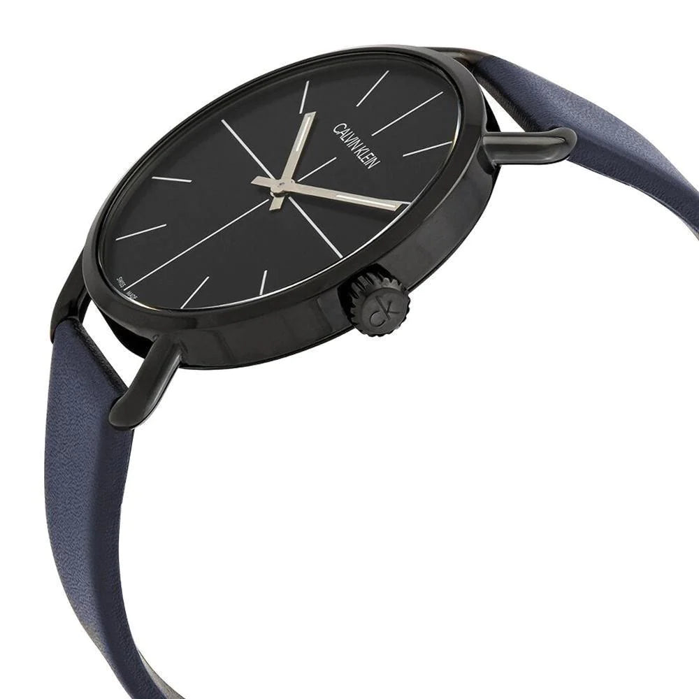 Calvin Klein Even watch worn on wrist, showing side profile with black case and blue leather strap