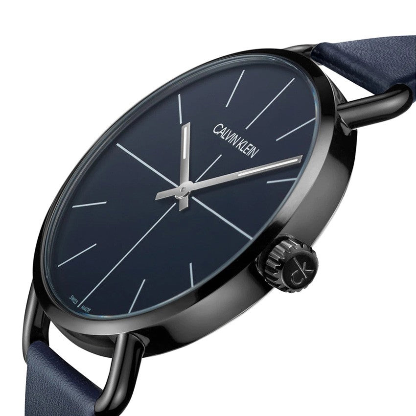 Side view of Calvin Klein Even watch displaying black case thickness and blue leather strap detail