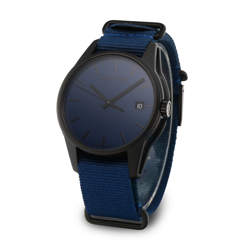 Calvin Klein K7K514VN watch at angle showcasing case and blue NATO strap