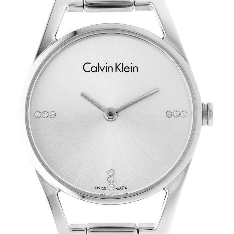 Calvin Klein Dainty Diamonds watch dial with diamond indices and Swiss made marking