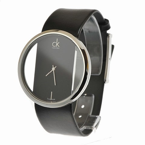 Calvin Klein Glam watch at angle showing side profile and transparent dial design