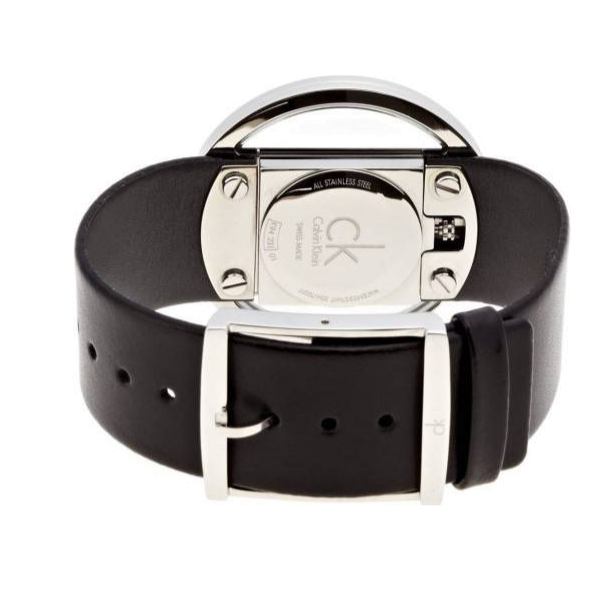 Calvin Klein Glam watch caseback showing transparent crystal and metallic back