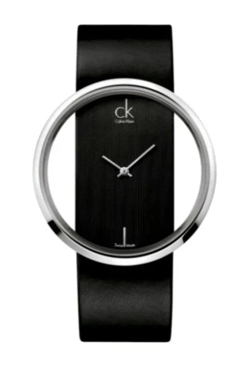 Calvin Klein Glam transparent dial watch with metallic case and black leather band