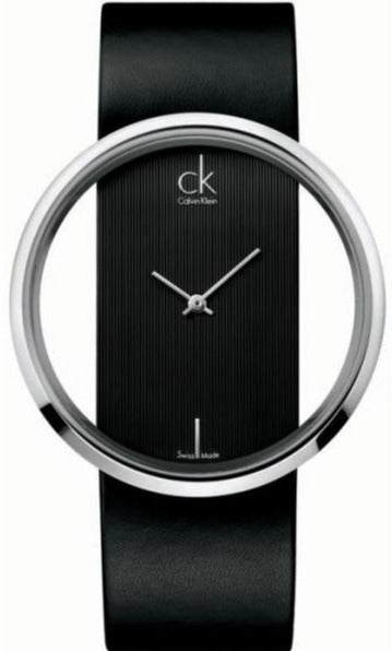 Calvin Klein Glam women's watch with transparent black dial and black leather strap