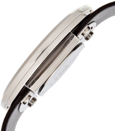 Side view of Calvin Klein Glam watch case and black leather strap band