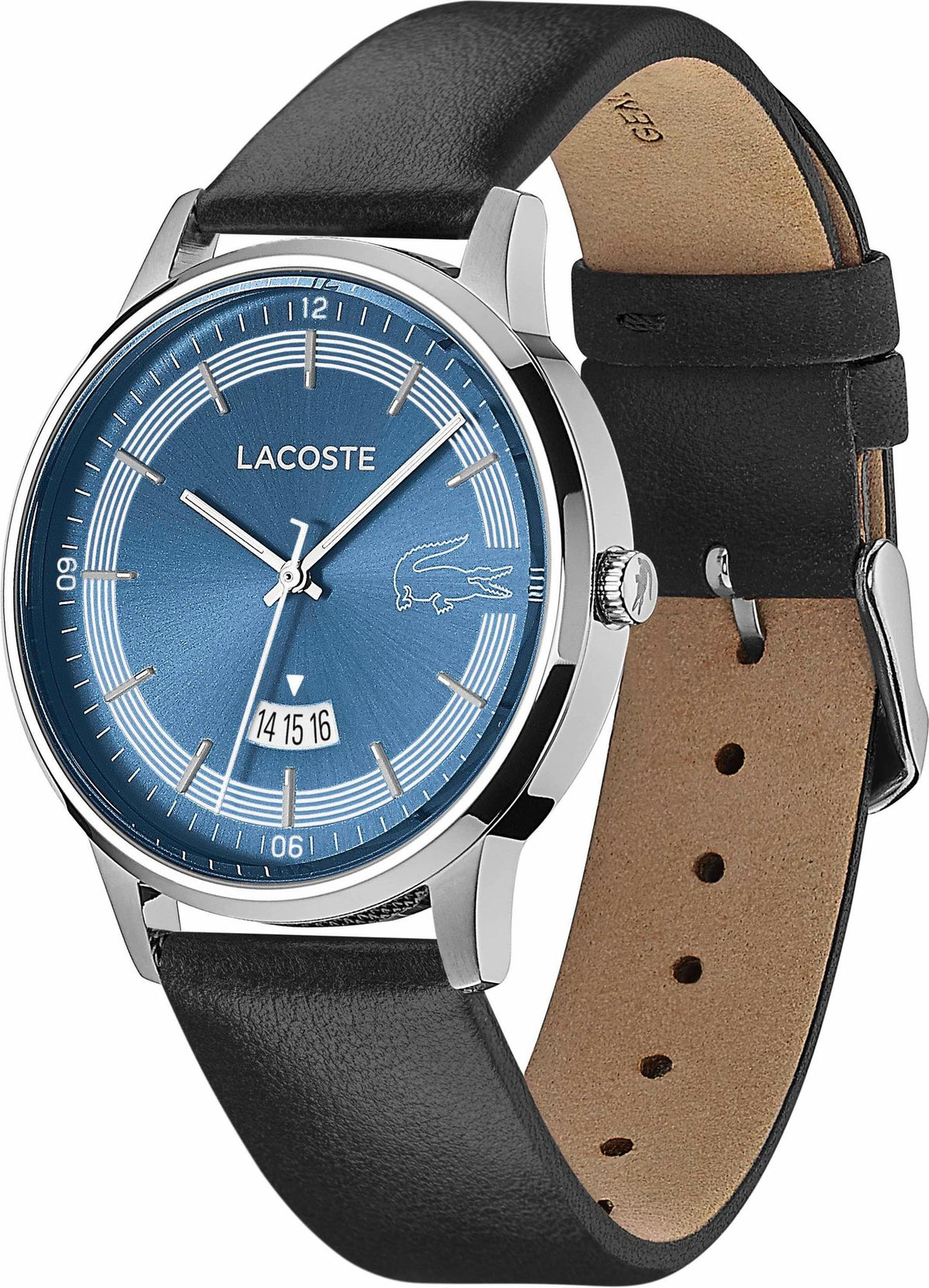 Lacoste watch with black leather strap and tan suede interior visible