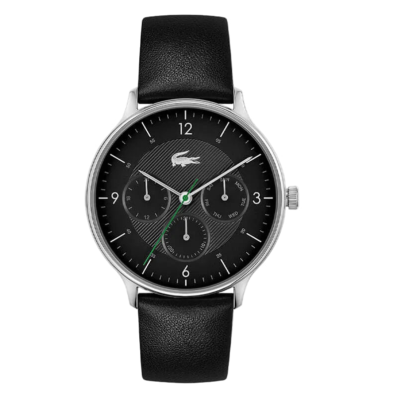 Lacoste Moon Multi black dial chronograph watch with black leather strap and silver case