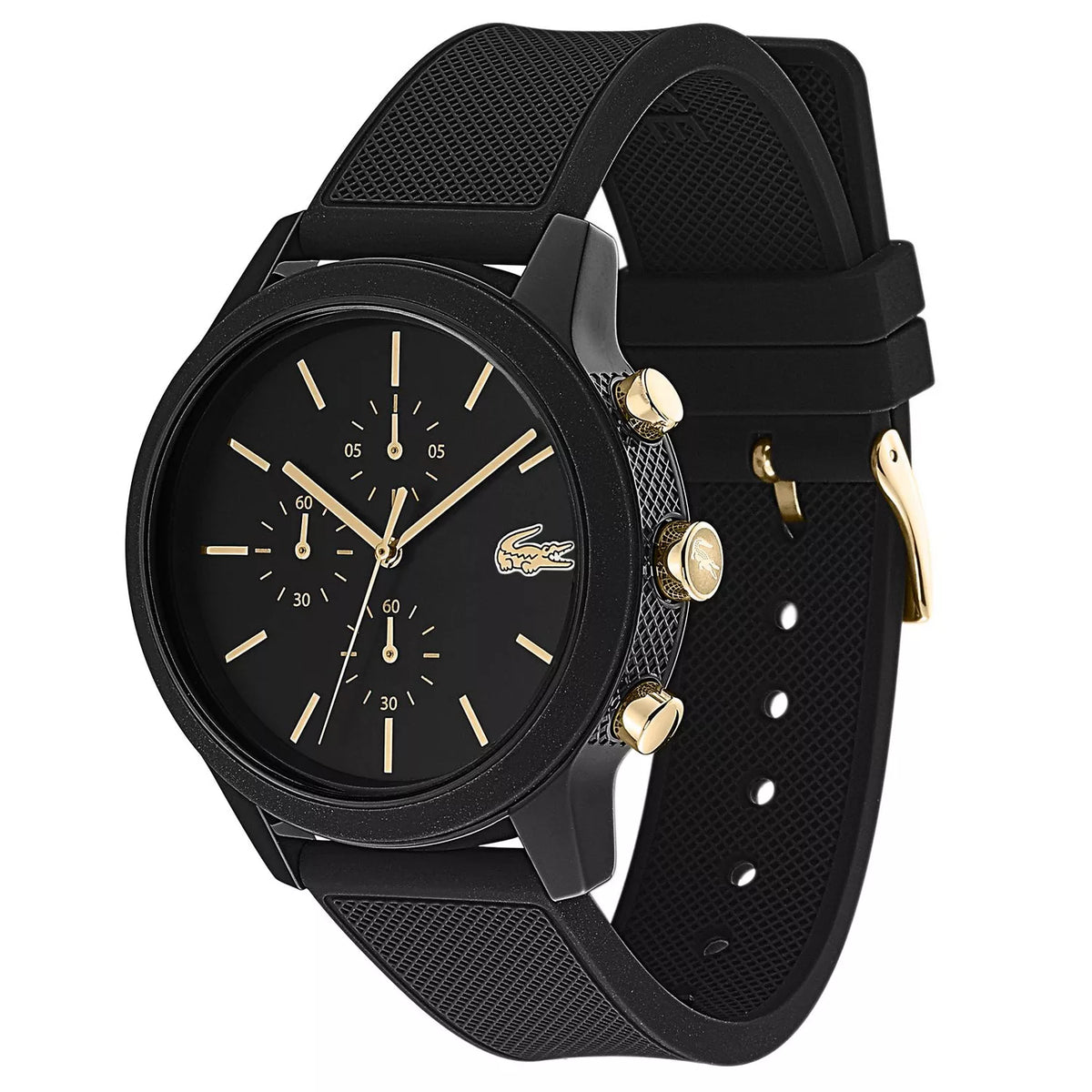 Lacoste TR90 chronograph watch displayed at angle showing full case and rubber strap