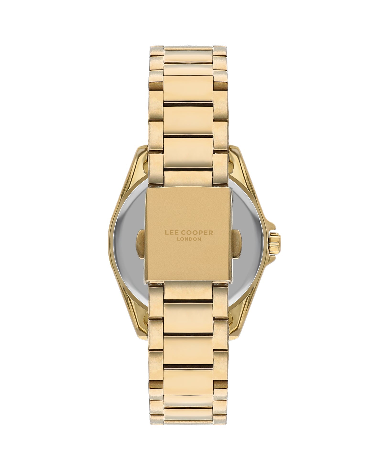 Lee Cooper Elegance watch caseback view showing gold stainless steel case and bracelet