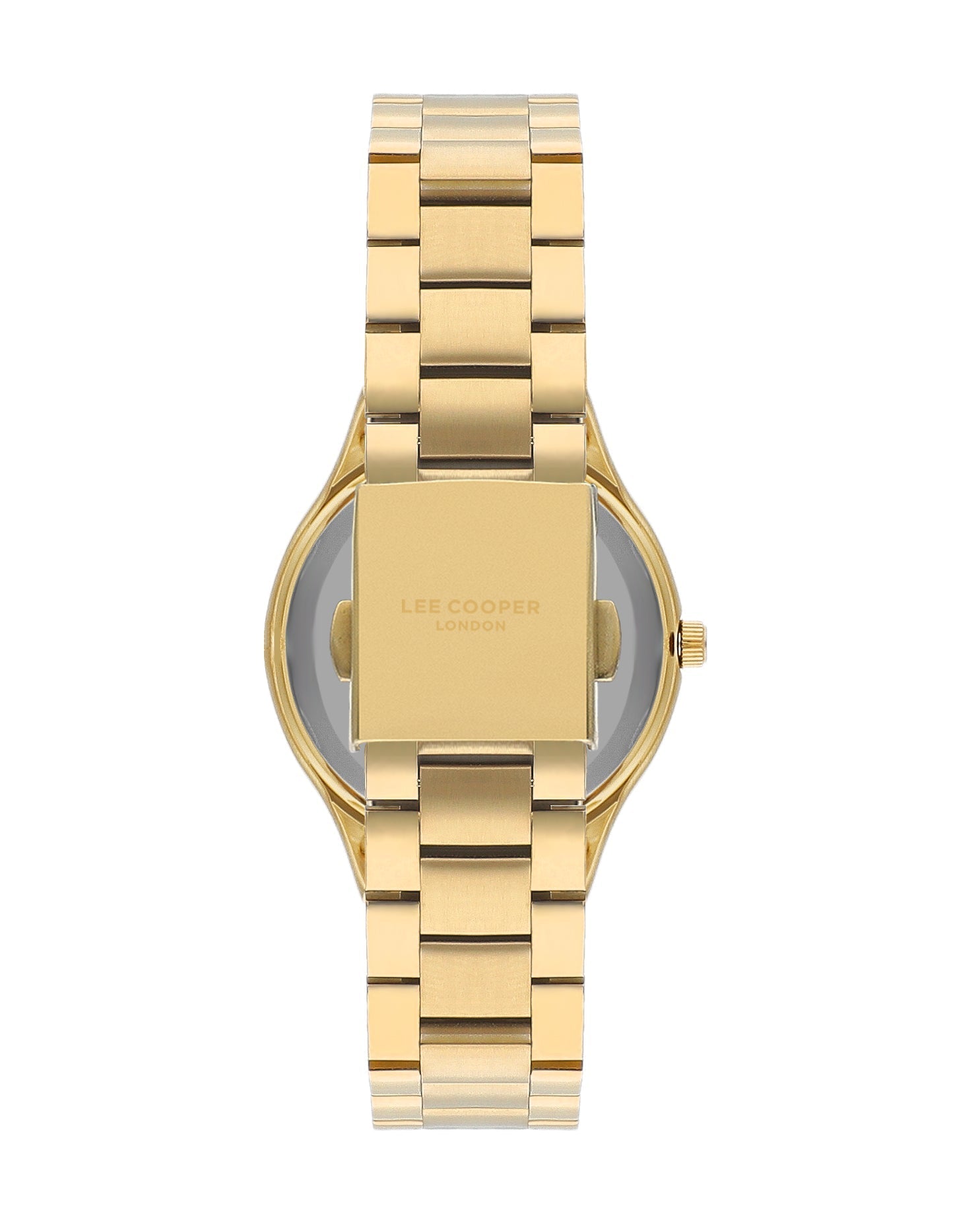 Caseback view of Lee Cooper watch showing gold-tone stainless steel case and bracelet