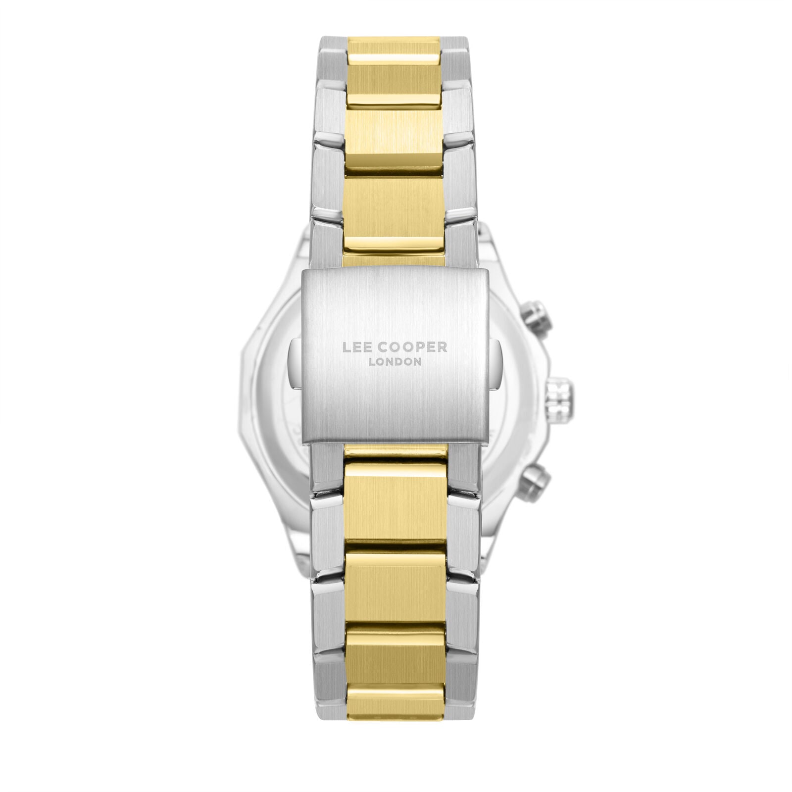 Lee Cooper two-tone watch caseback showing steel and gold bracelet construction