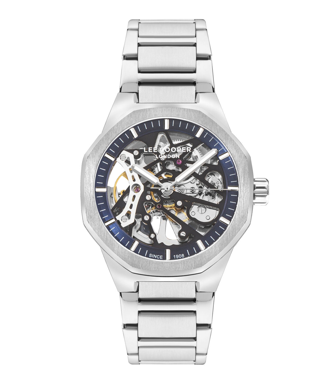 Lee Cooper Richard automatic skeleton watch with blue dial, visible movement, and silver metal bracelet