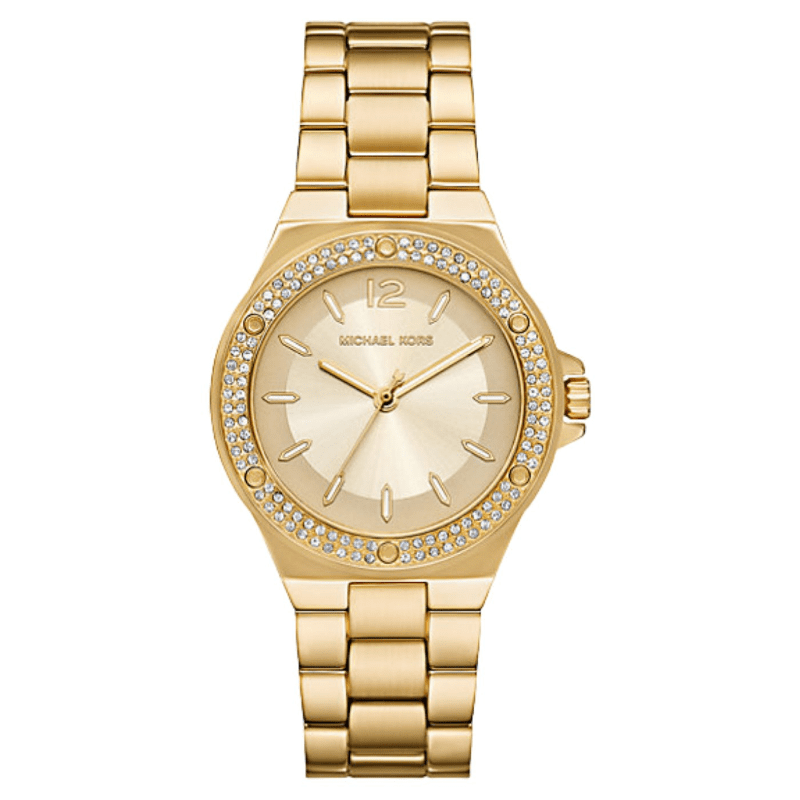 Gold-tone watch with crystal-set bezel, champagne dial, and gold bracelet