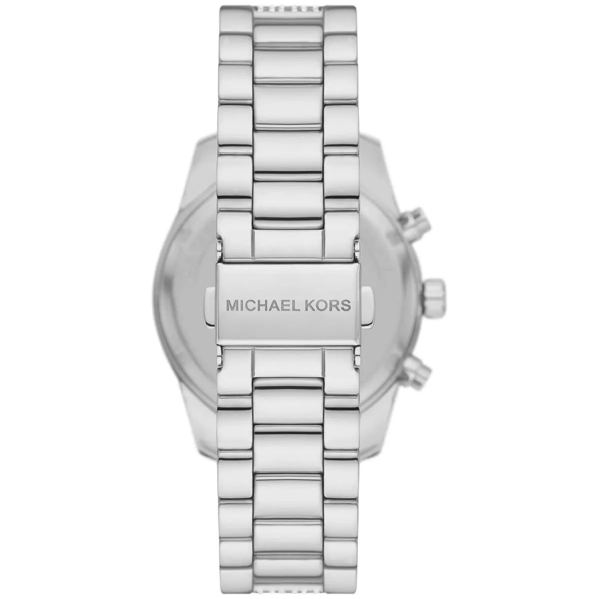 Caseback view of silver-tone Lexington watch with Michael Kors logo