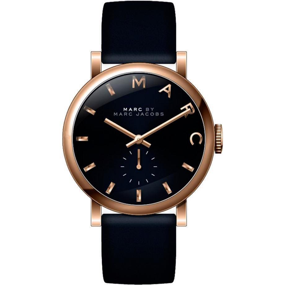 Marc by Marc Jacobs Baker women's watch with black dial, rose gold case and black leather strap
