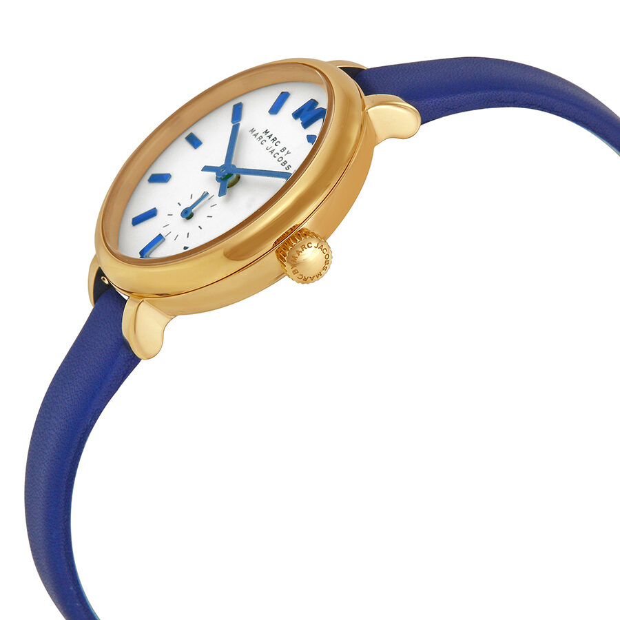 Side angle view of Marc by Marc Jacobs Sally watch with blue leather strap and gold crown