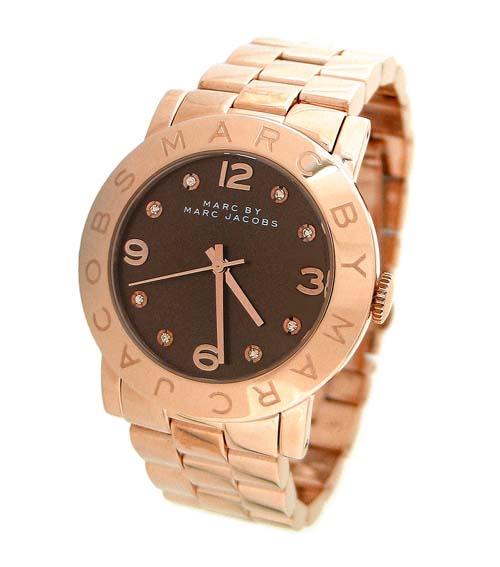 Marc By Marc Jacobs Amy MBM3167 rose gold watch displayed at angle showing dial and bracelet