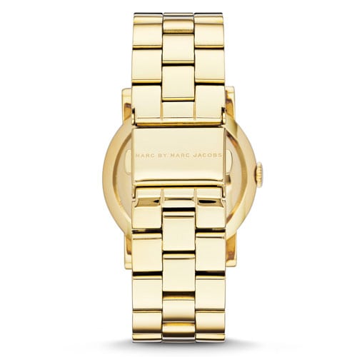 Marc by Marc Jacobs Amy women's gold watch displayed from back showing case back and bracelet