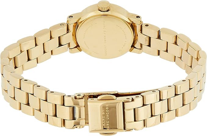 Amy gold women's watch displayed on wrist showing black dial and bracelet