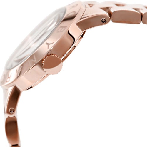 Side profile of Marc by Marc Jacobs Amy MBM8625 watch showing rose gold case thickness