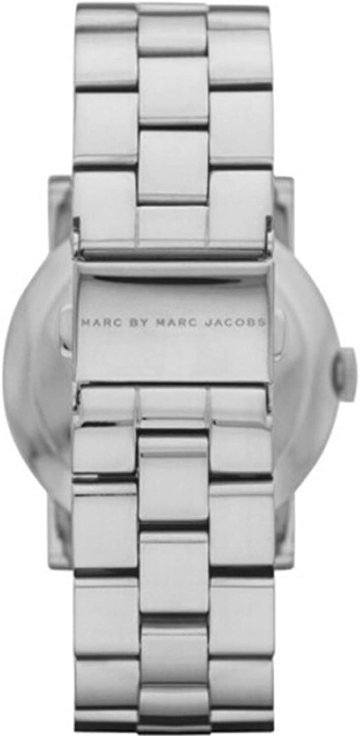 Caseback of silver stainless steel bracelet watch showing metal links