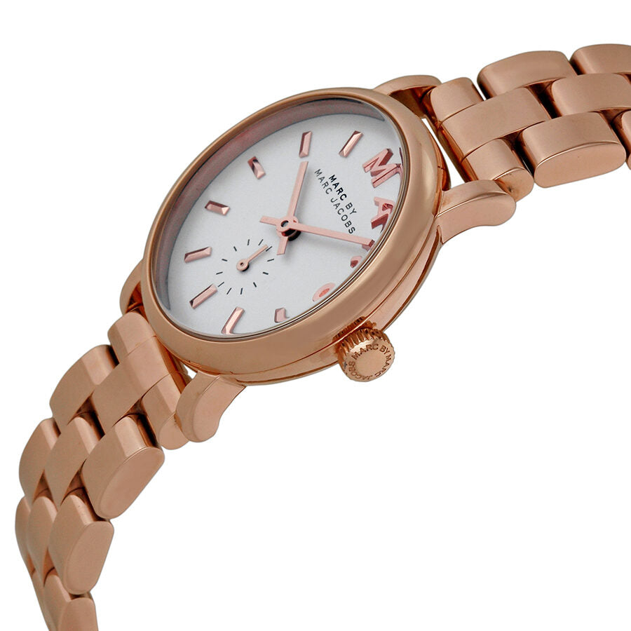 Baker rose gold watch worn on wrist showing white dial and rose gold bracelet