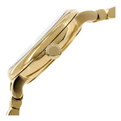 Side view of Baker mini watch showing gold-tone stainless steel case and bracelet profile