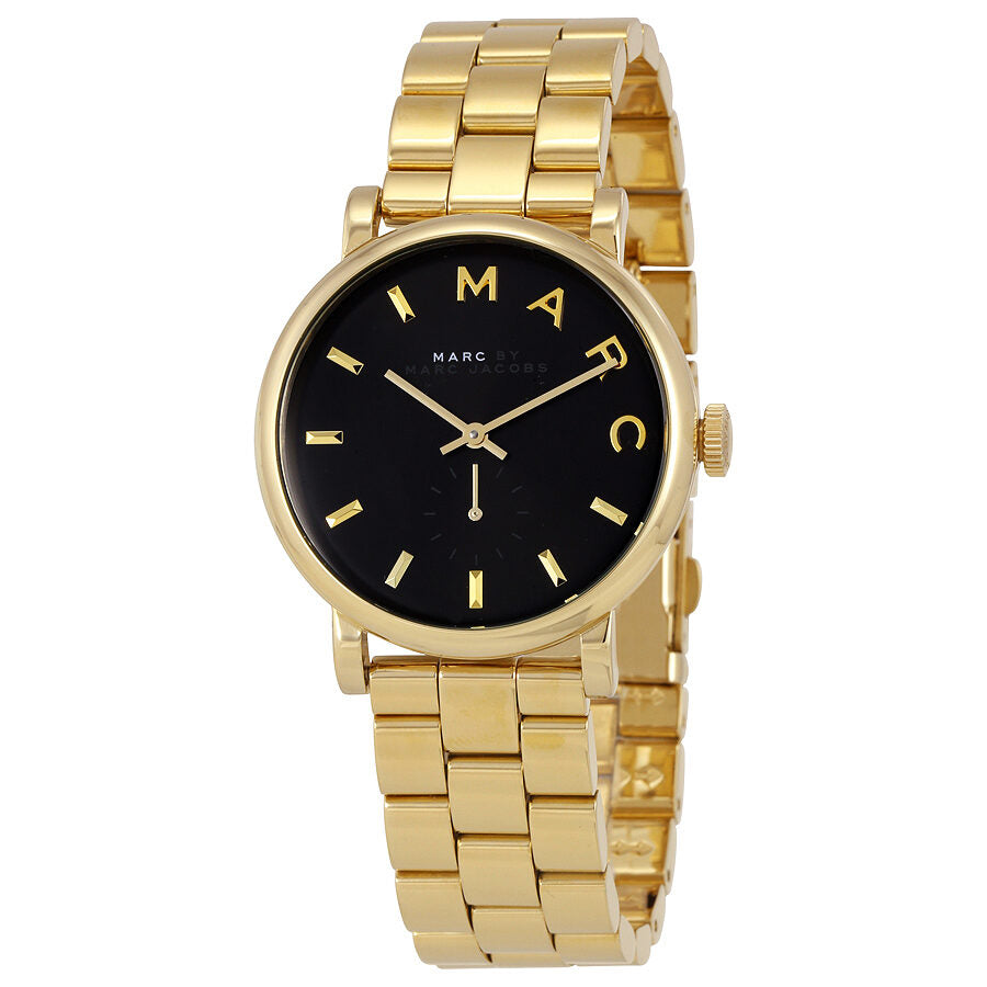 Marc By Marc Jacobs Baker watch three-quarter view showing black dial and gold bracelet