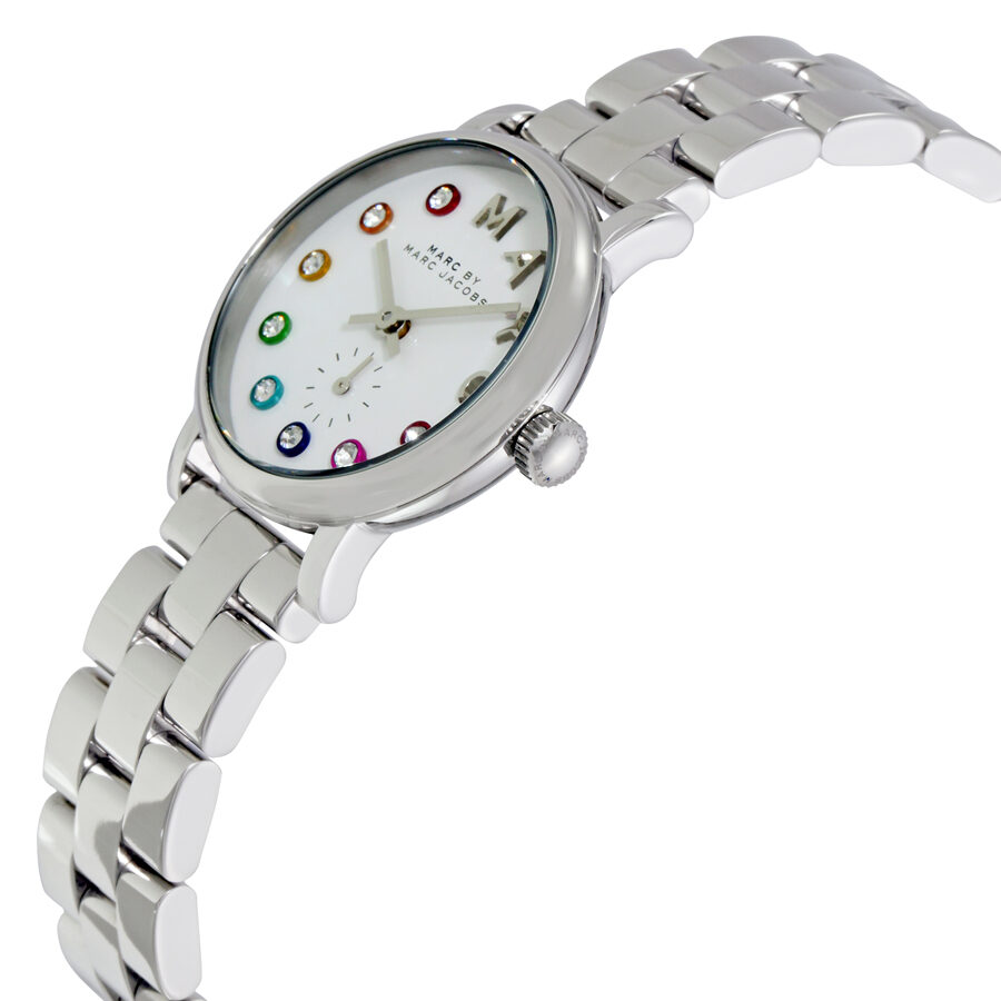 Baker watch at angle showing silver bracelet and white dial with crystal markers