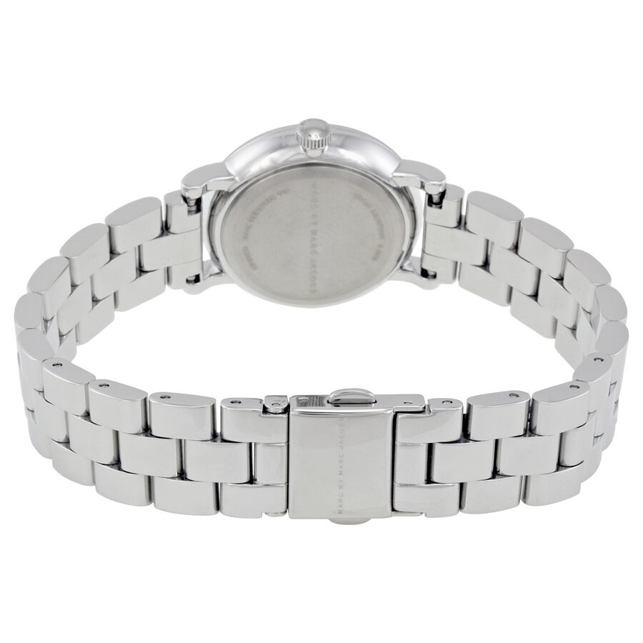 Baker watch caseback showing silver stainless steel band and buckle closure