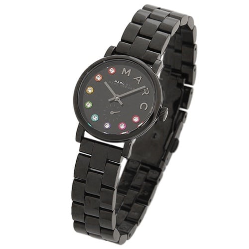 Baker ladies watch in all black with side angle view showing bracelet and case profile