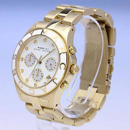 Marc By Marc Jacobs Blade watch side profile showing case thickness and gold-plated bracelet