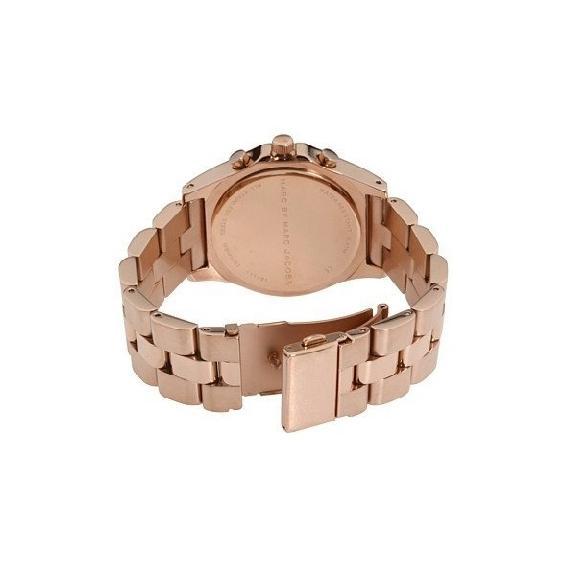 Case back view of rose gold Marc by Marc Jacobs Blade watch showing solid case and bracelet