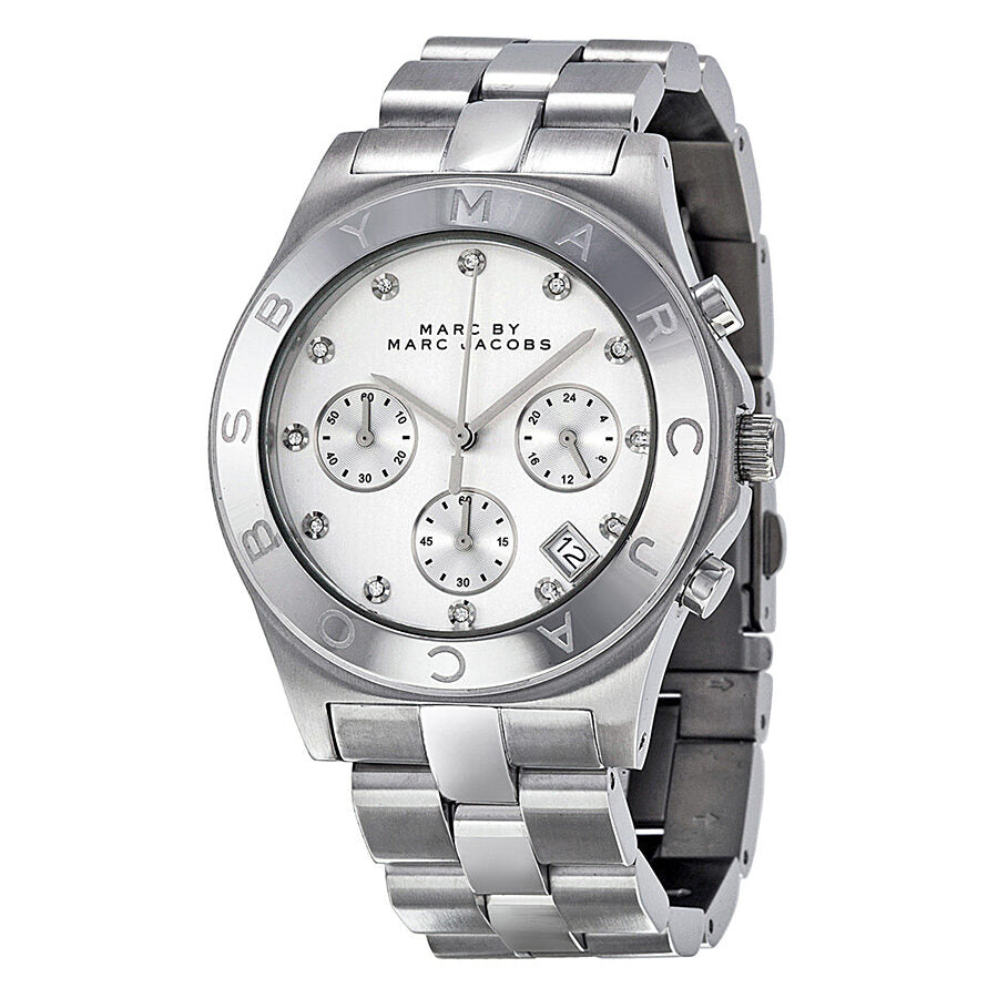 Marc by Marc Jacobs Blade MBM3100 chronograph watch angled view showing steel bracelet and dial