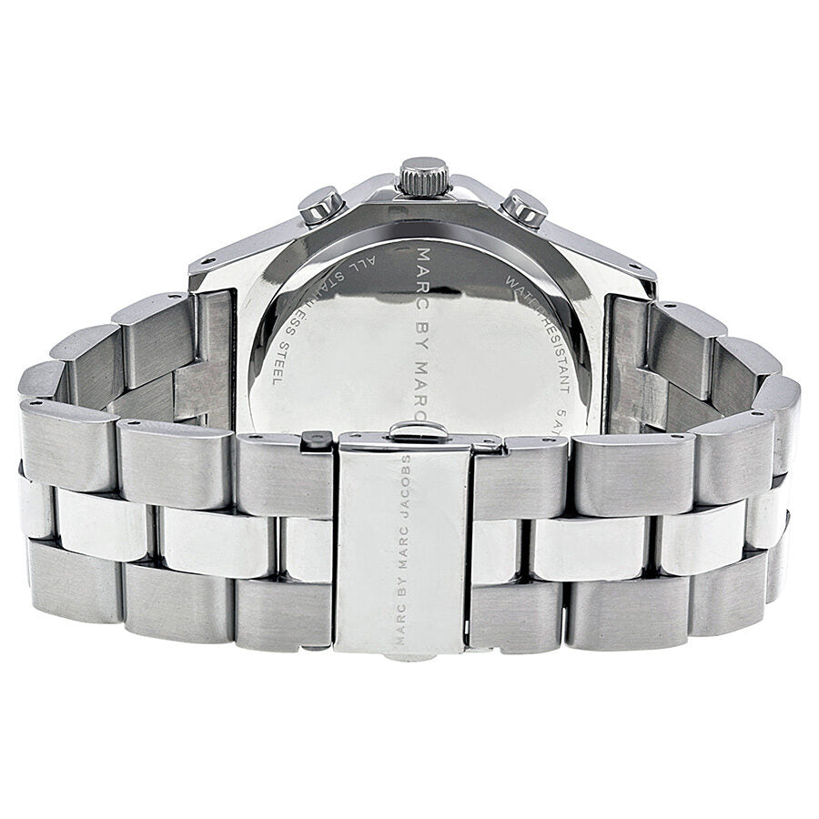 Marc by Marc Jacobs Blade MBM3100 watch caseback showing engraved text and steel bracelet