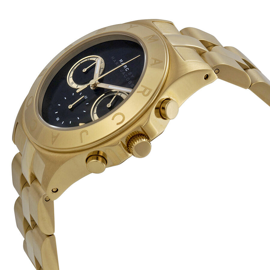 Side view of Marc By Marc Jacobs Blade chronograph watch with gold-tone case and bracelet