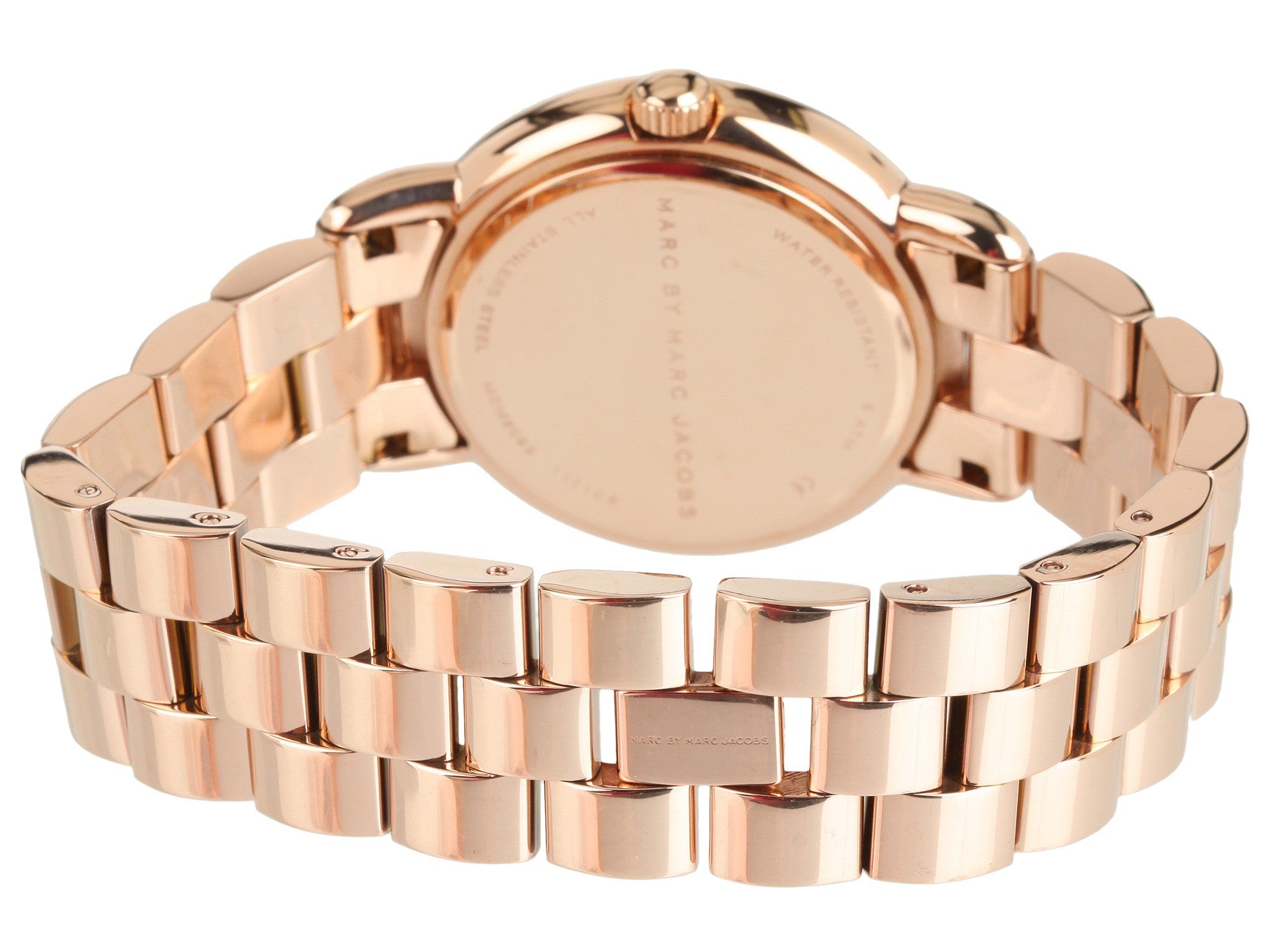 Back view of Marc By Marc Jacobs Marci MBM3099 rose gold watch showing caseback