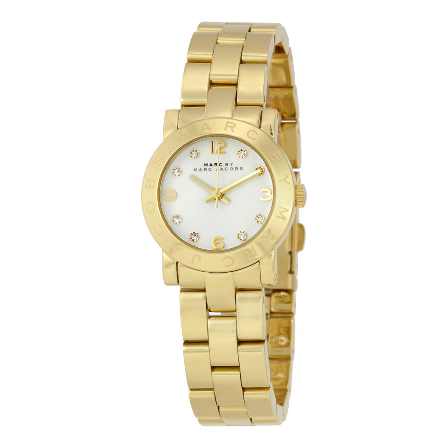 Marc by Marc Jacobs Mini Amy watch angled view showing gold bracelet and white dial