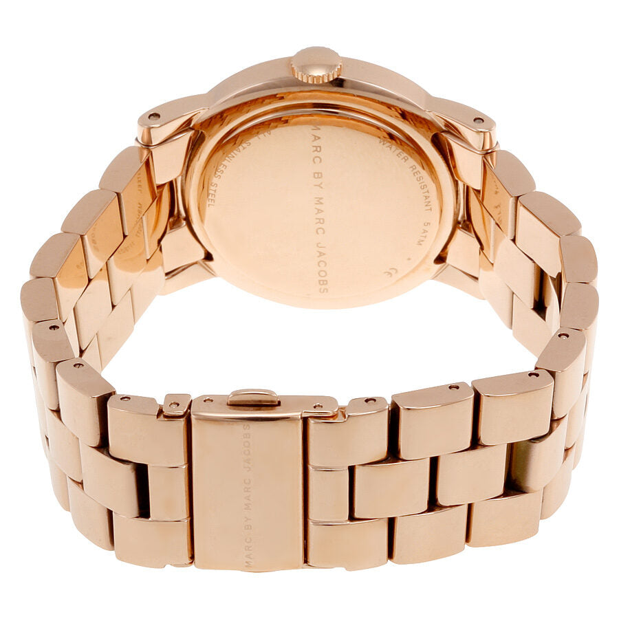 Marc by Marc Jacobs MBM3077 watch caseback showing rose gold case and link bracelet