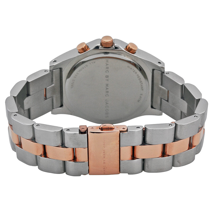 Caseback of MBM3178 showing stainless steel case with rose gold accents and engraved branding