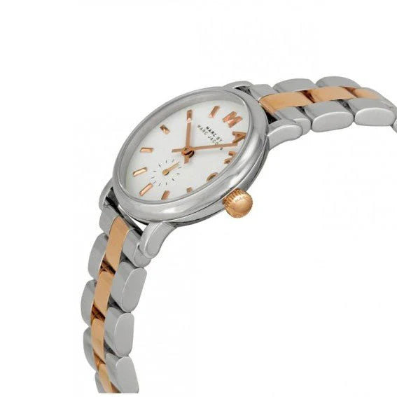 Marc by Marc Jacobs Baker ladies watch at angle displaying two-tone bracelet and profile