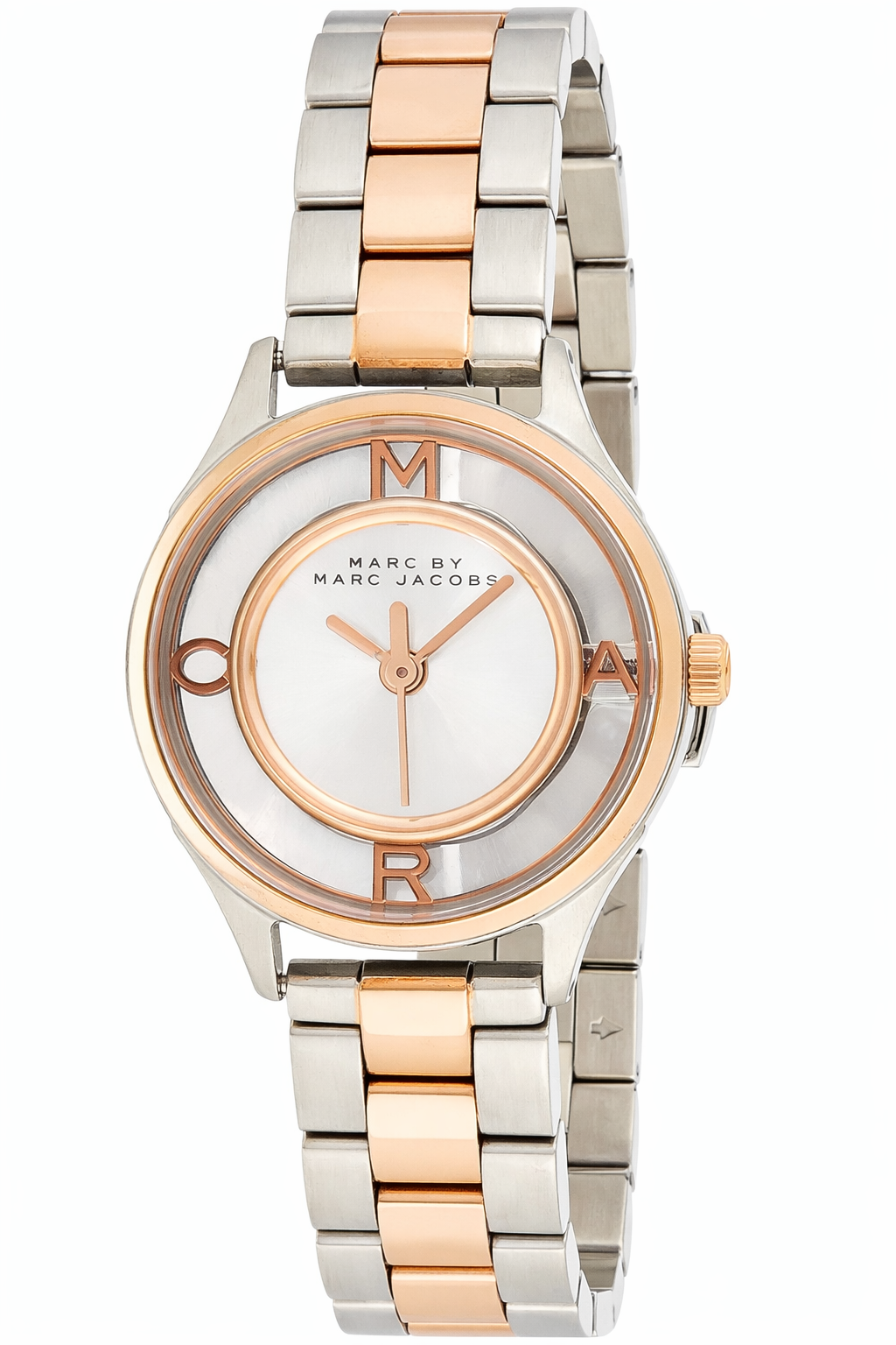 Marc by Marc Jacobs MBM3418 two-tone watch angled view showing white dial and rose gold bezel