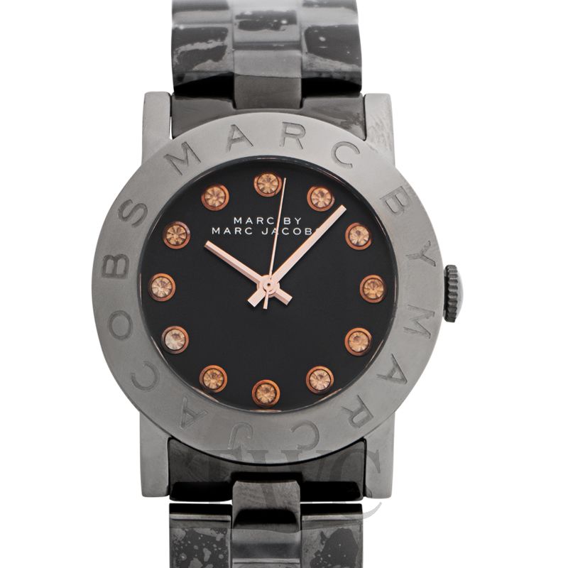 Close-up of MBM8596 black dial with rose gold crystal hour markers and rose gold hands