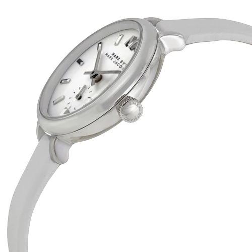 Sally watch angled view with white dial, white leather strap, and minimalist design