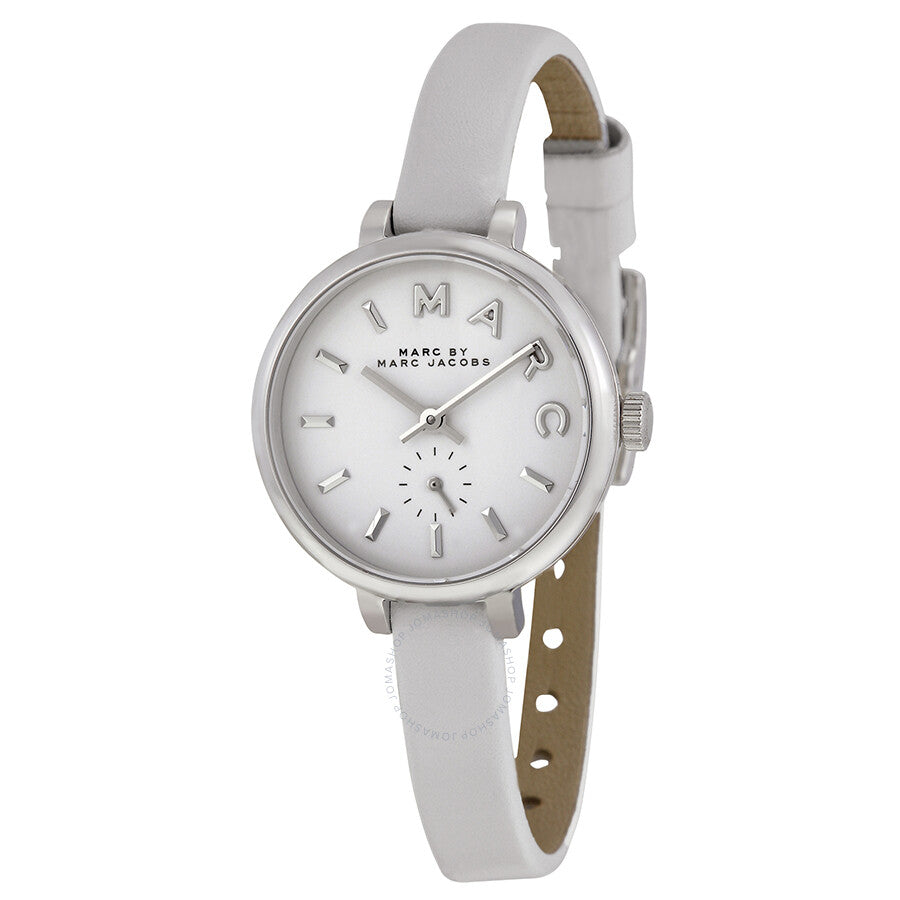 Marc by Marc Jacobs Sally watch angled view showing white dial and white leather strap