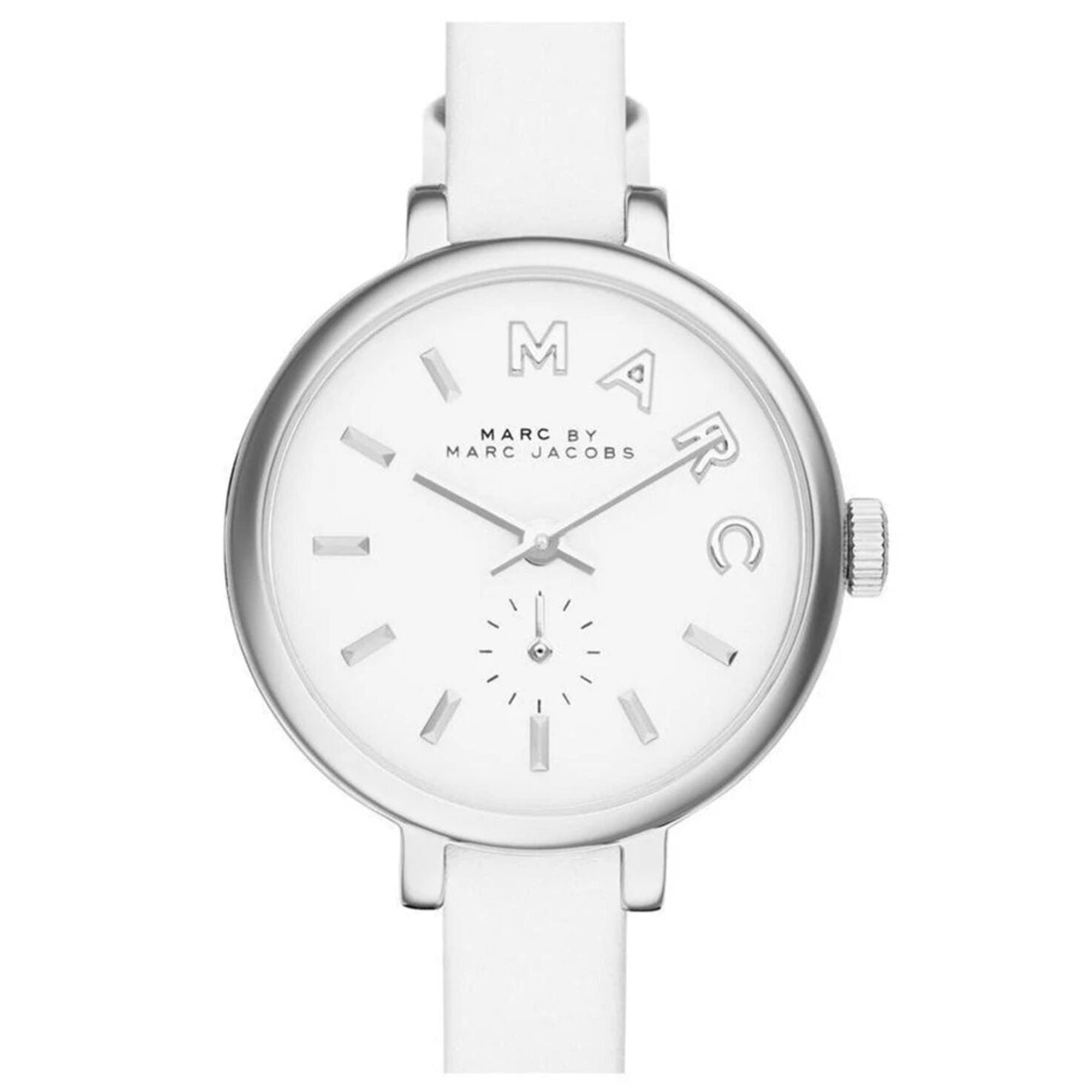 Marc by Marc Jacobs Sally watch with white dial and white leather strap, front view