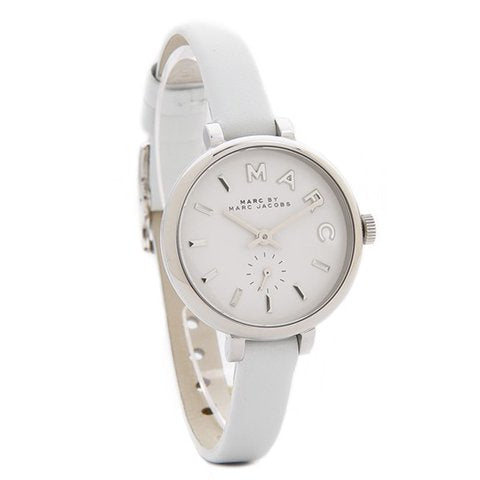Side profile view of Sally watch with white leather strap and crown