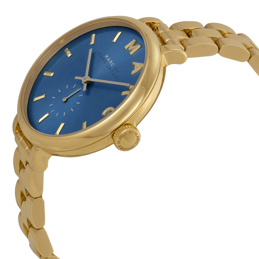 Side angle view of Marc by Marc Jacobs Sally MBM3366 with blue dial and gold-tone bracelet